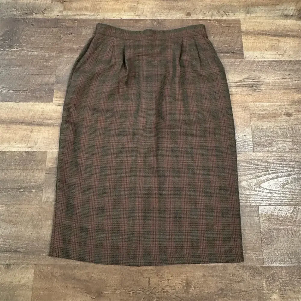 Vintage Katie Brooke Skirt 12 Green Burgundy Plaid Pencil Knee Academia Prep